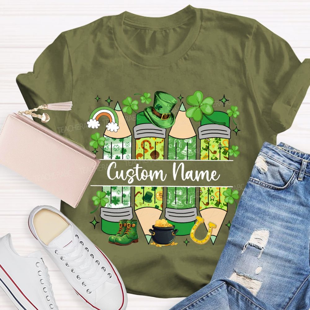 Personalized Name Lucky Clover And Pencil Print Saint Patrick'S Day T-shirt