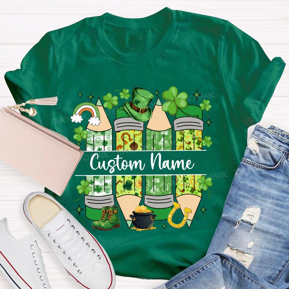 Personalized Name Lucky Clover And Pencil Print Saint Patrick'S Day T-shirt
