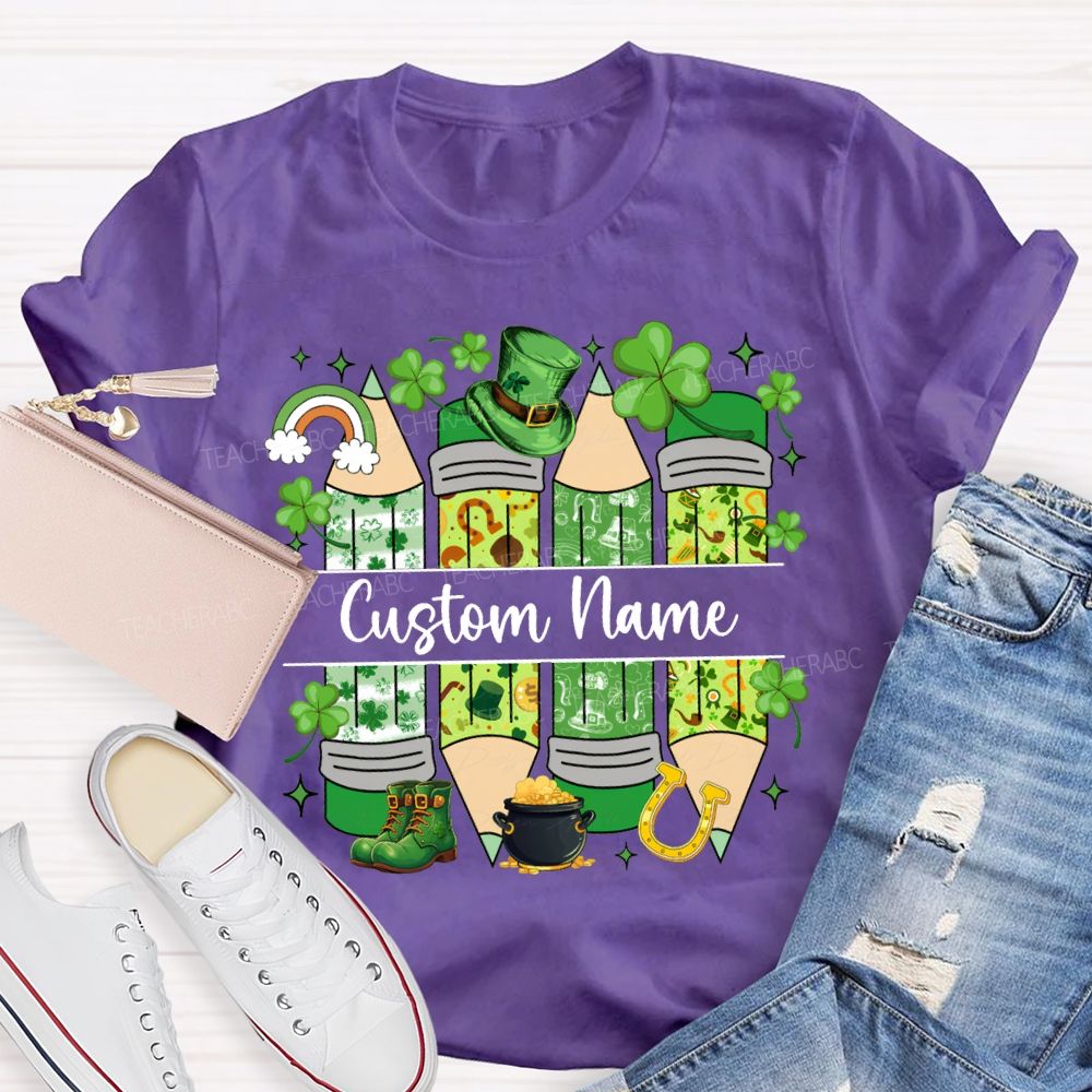 Personalized Name Lucky Clover And Pencil Print Saint Patrick'S Day T-shirt