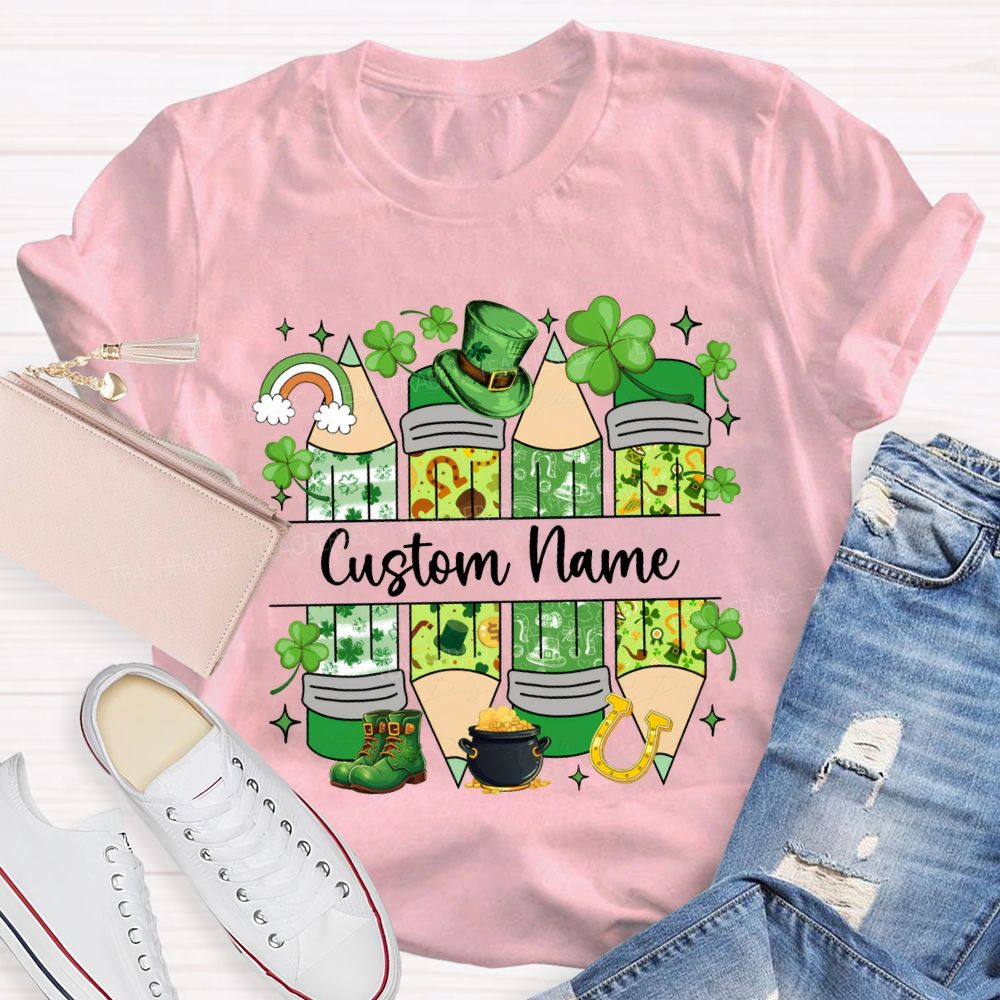 Personalized Name Lucky Clover And Pencil Print Saint Patrick'S Day T-shirt