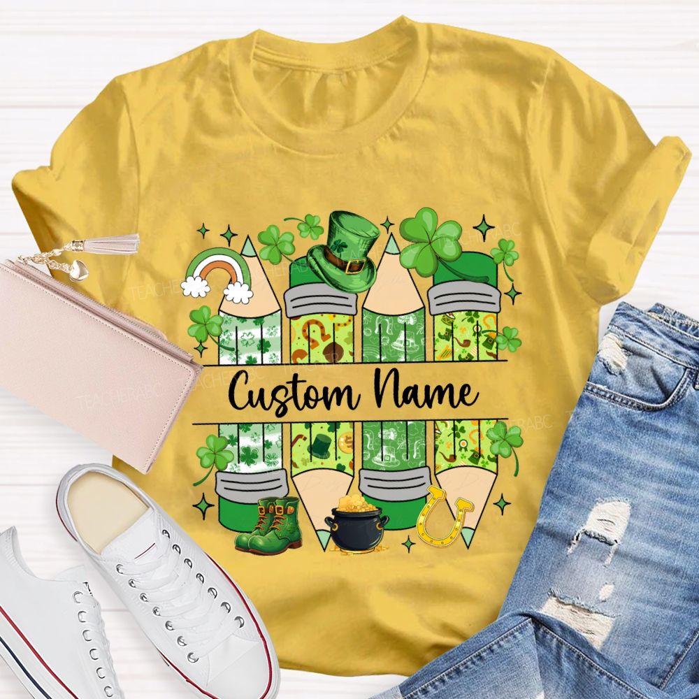 Personalized Name Lucky Clover And Pencil Print Saint Patrick'S Day T-shirt