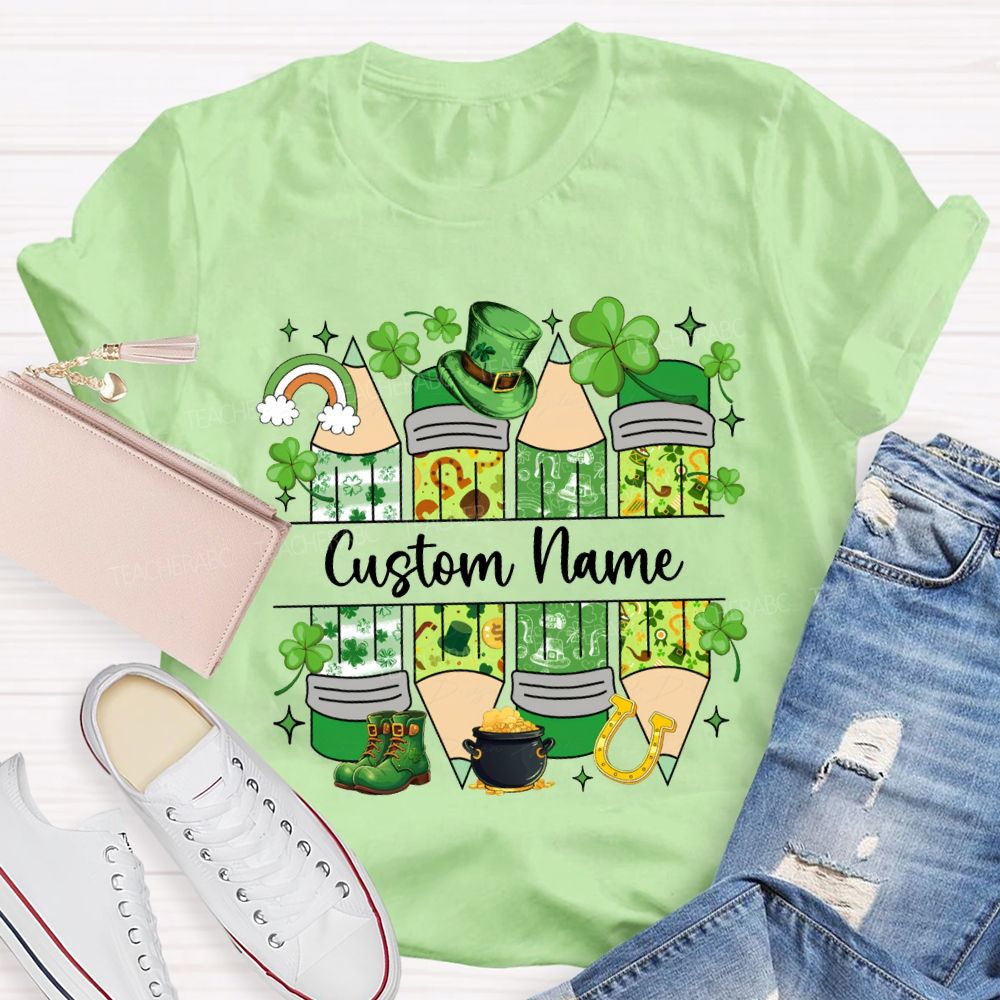 Personalized Name Lucky Clover And Pencil Print Saint Patrick'S Day T-shirt