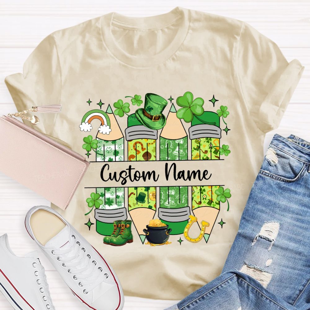 Personalized Name Lucky Clover And Pencil Print Saint Patrick'S Day T-shirt