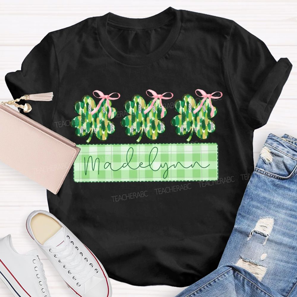 Personalized Name Lucky Bow-Shaped Four-Leaf Clover T-shirt