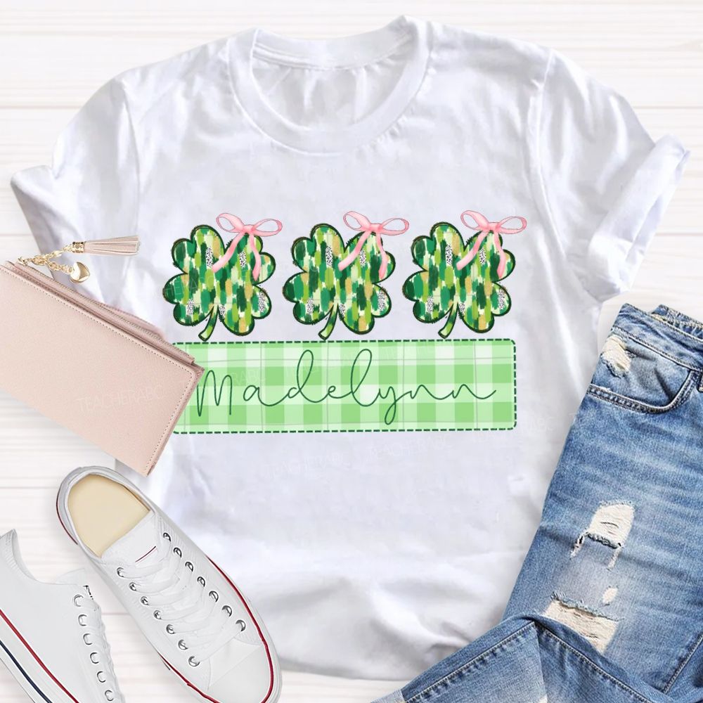 Personalized Name Lucky Bow-Shaped Four-Leaf Clover T-shirt