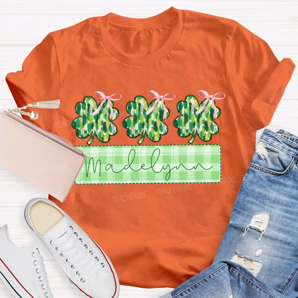 Personalized Name Lucky Bow-Shaped Four-Leaf Clover T-shirt