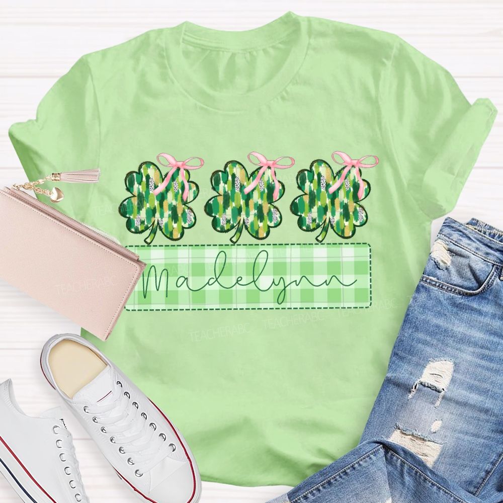 Personalized Name Lucky Bow-Shaped Four-Leaf Clover T-shirt