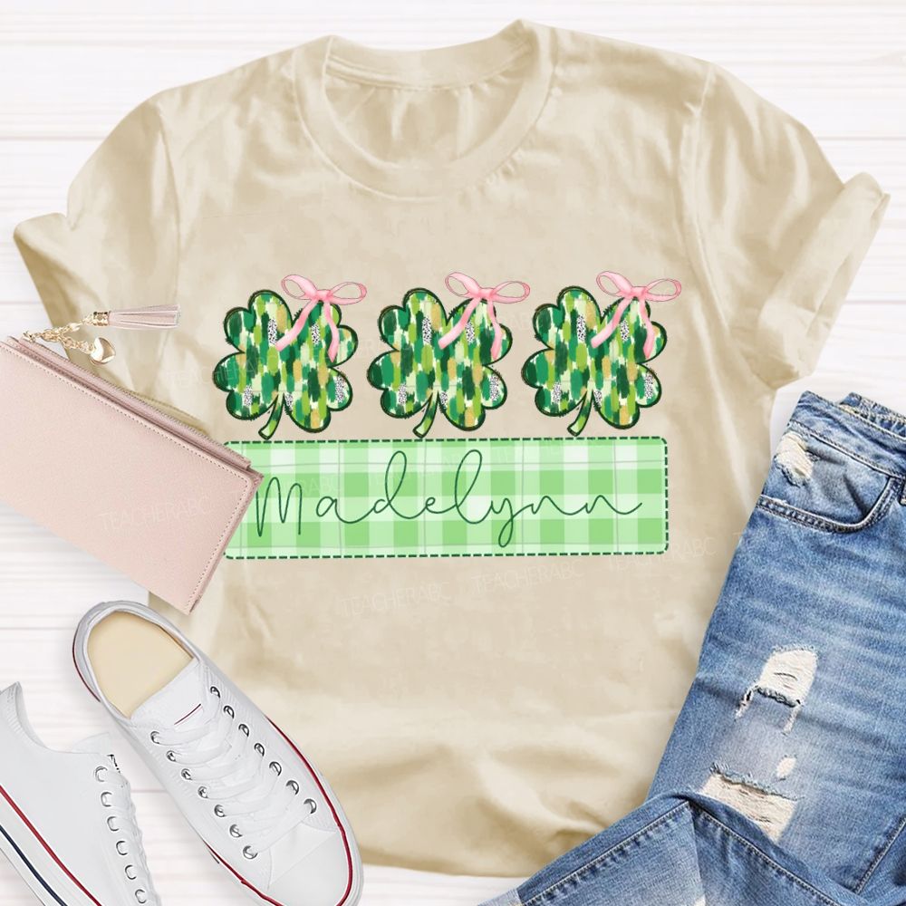 Personalized Name Lucky Bow-Shaped Four-Leaf Clover T-shirt