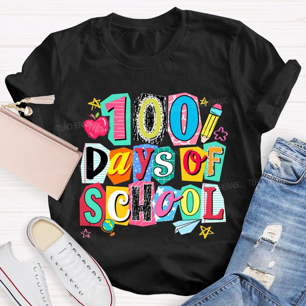 100 Days Of School Colored Block Font And Apple T-shirt