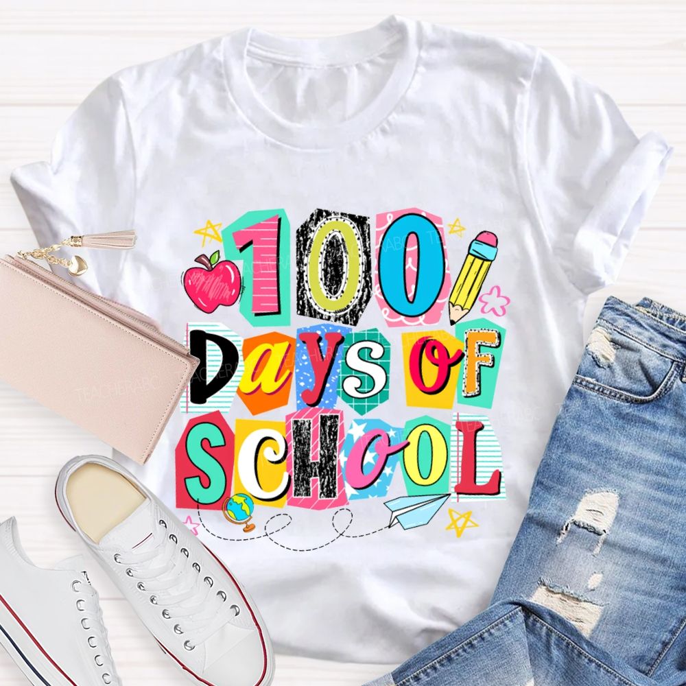 100 Days Of School Colored Block Font And Apple T-shirt