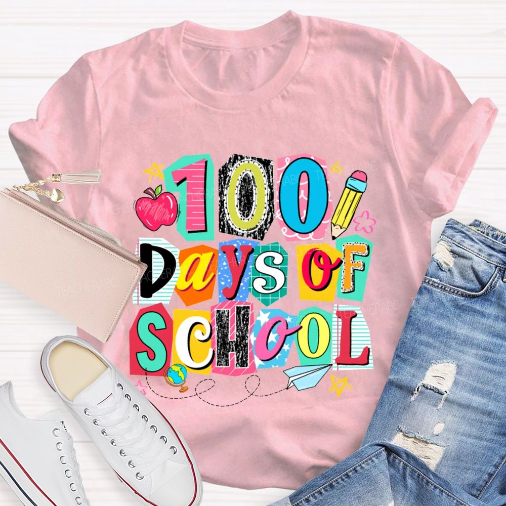 100 Days Of School Colored Block Font And Apple T-shirt