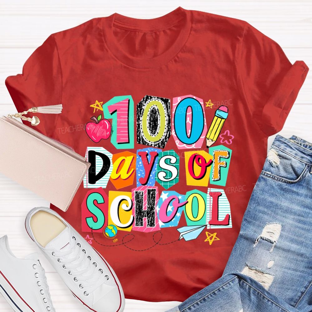 100 Days Of School Colored Block Font And Apple T-shirt