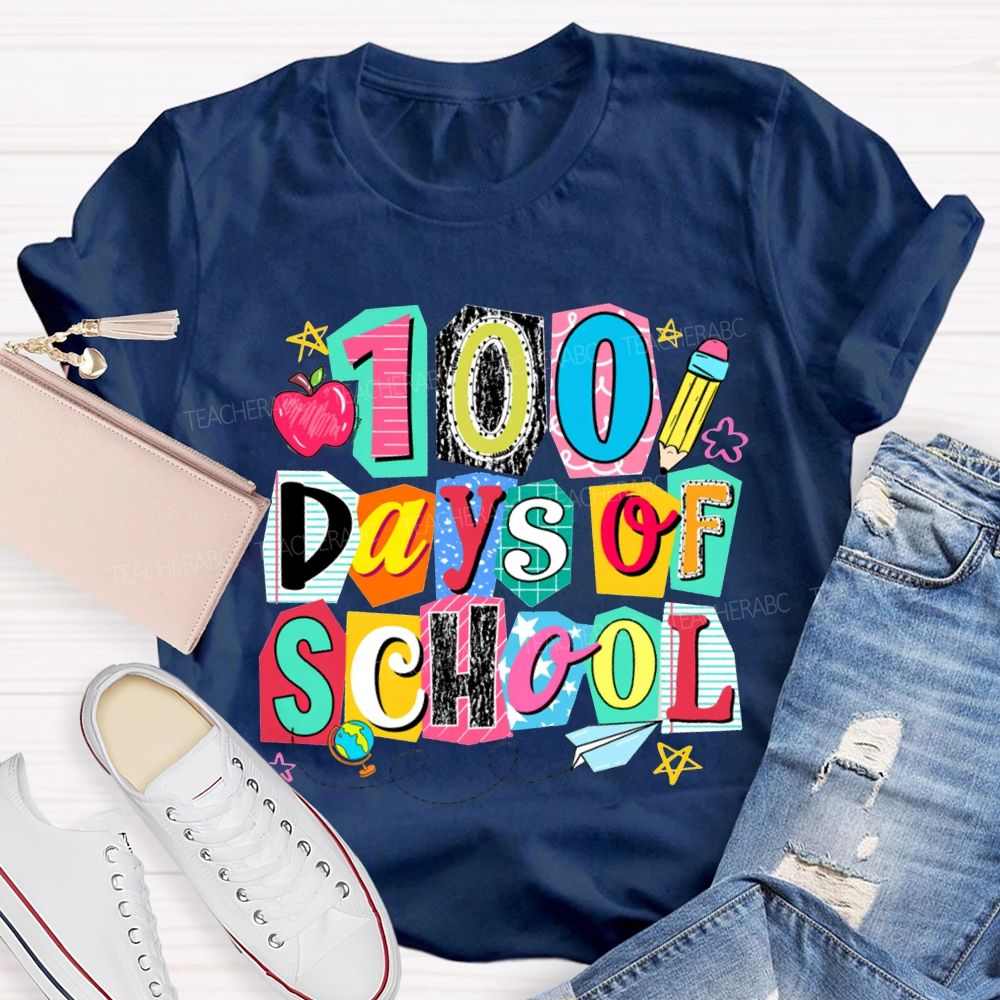100 Days Of School Colored Block Font And Apple T-shirt