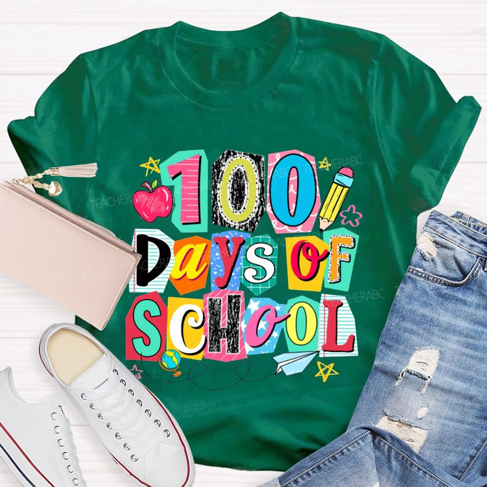 100 Days Of School Colored Block Font And Apple T-shirt