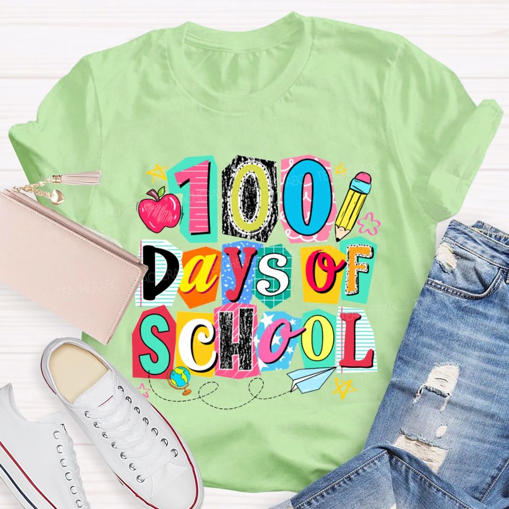 100 Days Of School Colored Block Font And Apple T-shirt