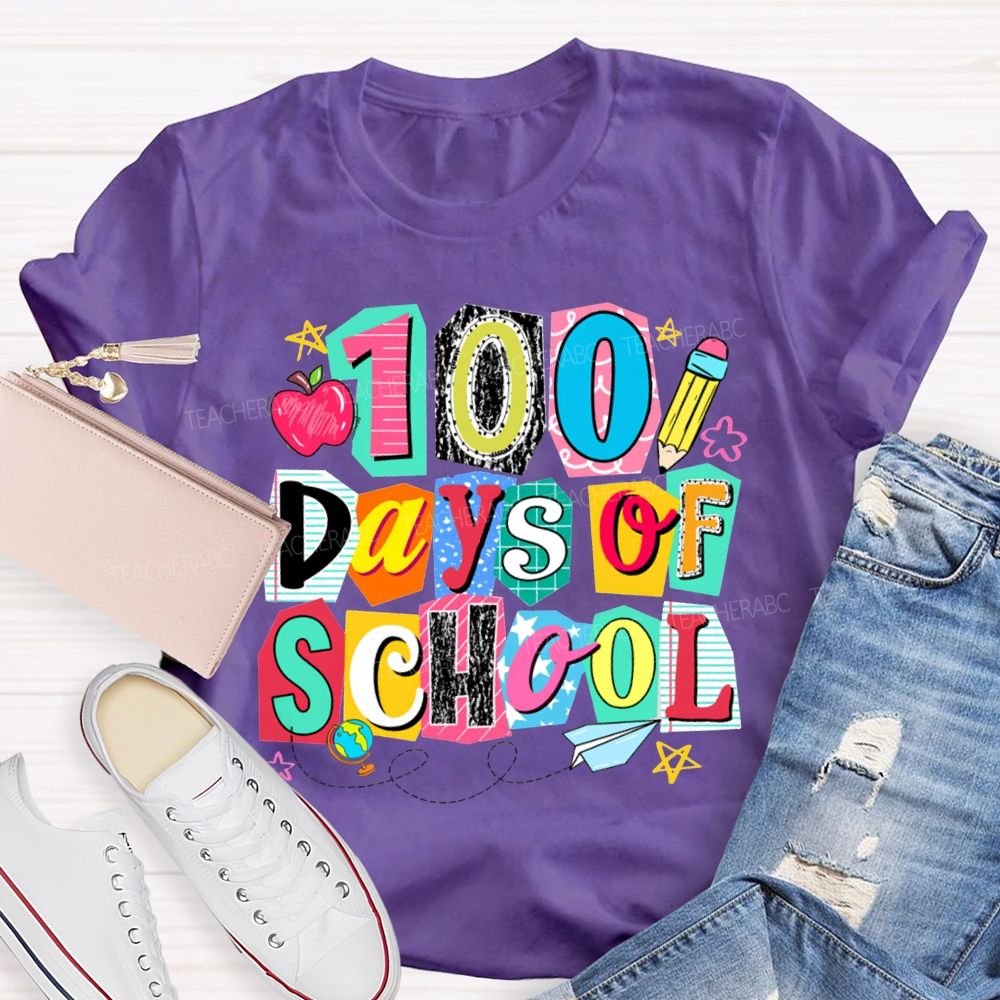 100 Days Of School Colored Block Font And Apple T-shirt