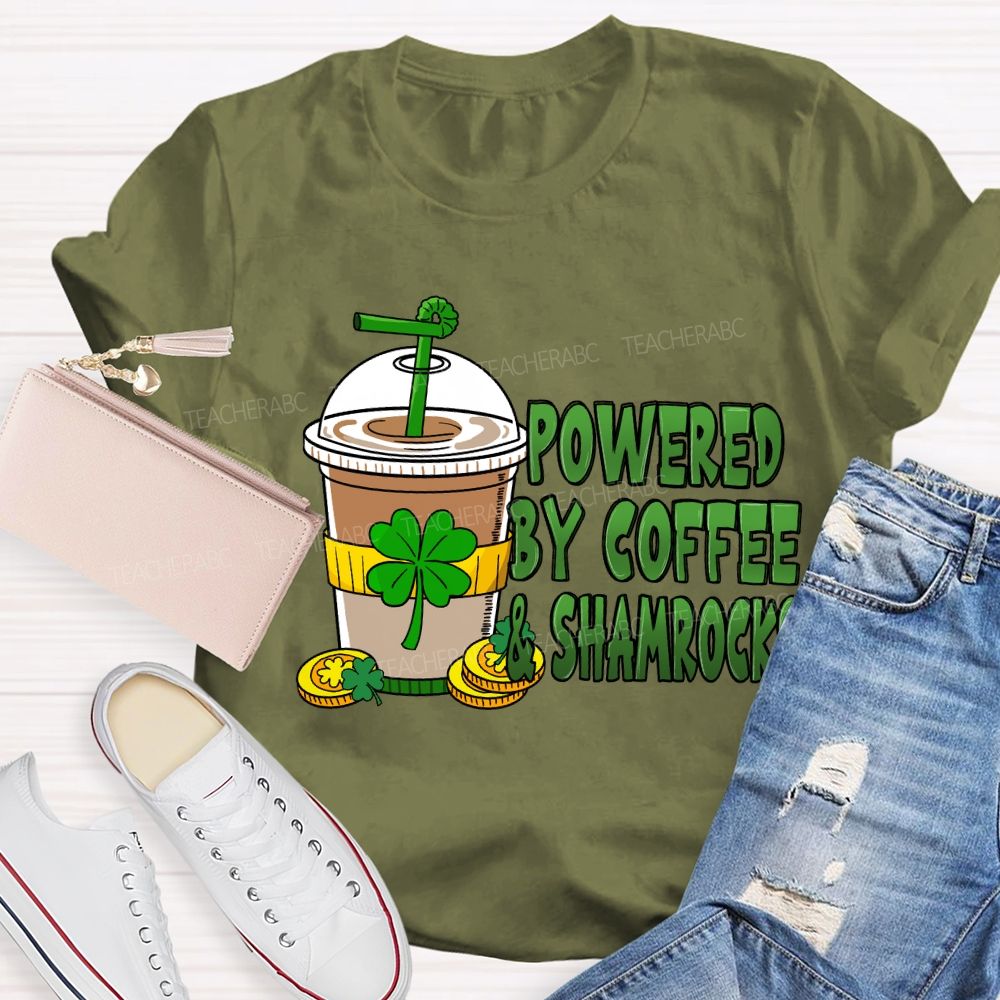Powered By Coffee And Shamrock Teacher T-Shirt
