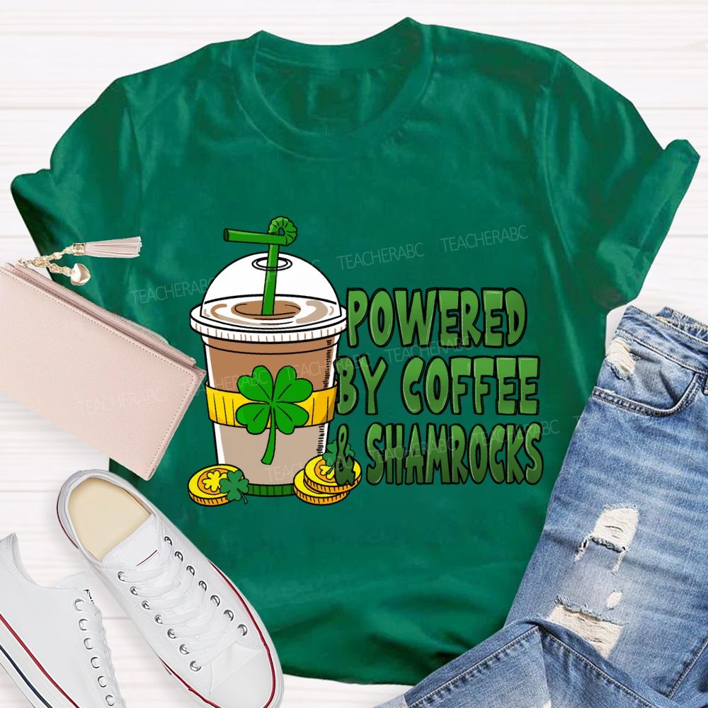 Powered By Coffee And Shamrock Teacher T-Shirt