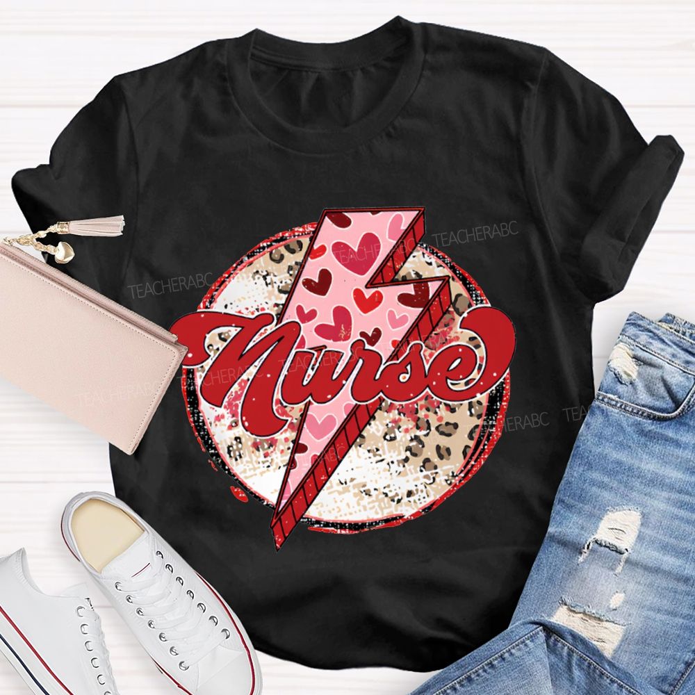 School Nurse Valentine'S Day With Heart, Lightning, And Leopard Print T-shirt