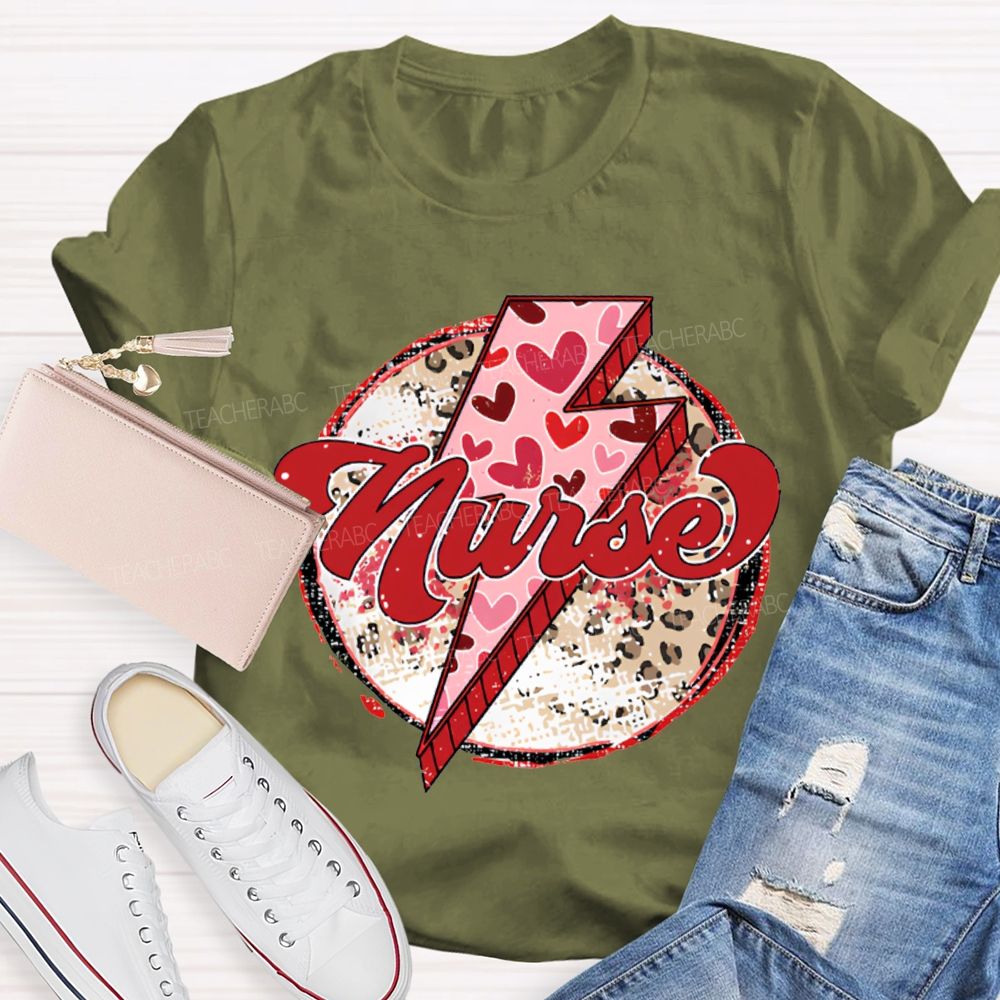 School Nurse Valentine'S Day With Heart, Lightning, And Leopard Print T-shirt