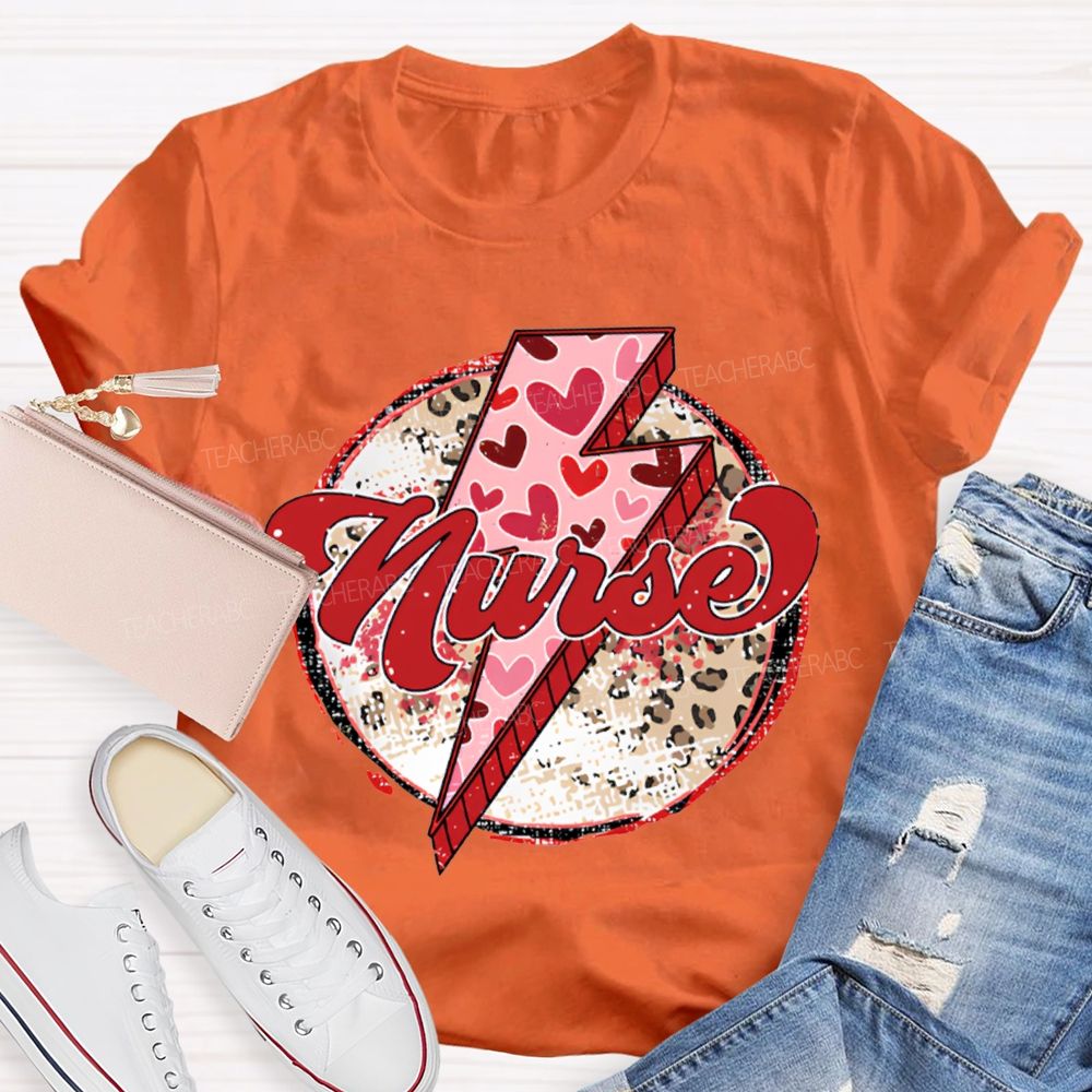 School Nurse Valentine'S Day With Heart, Lightning, And Leopard Print T-shirt