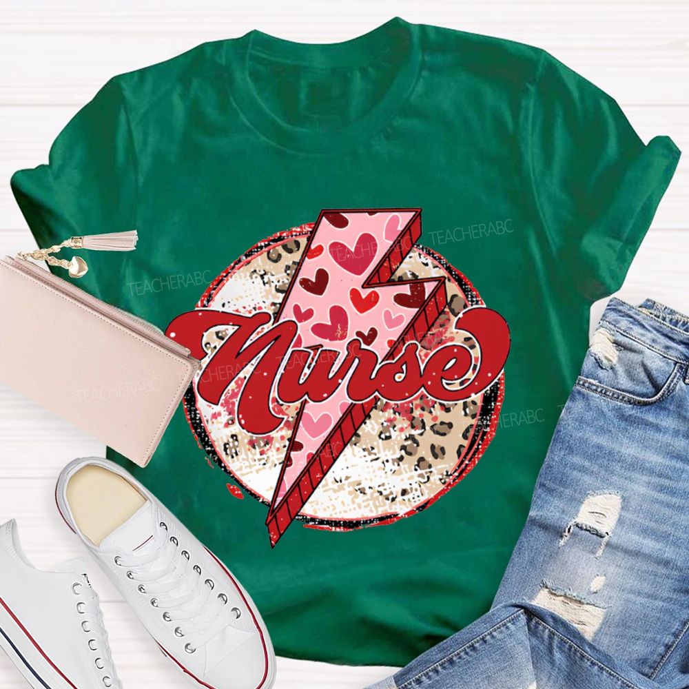 School Nurse Valentine'S Day With Heart, Lightning, And Leopard Print T-shirt