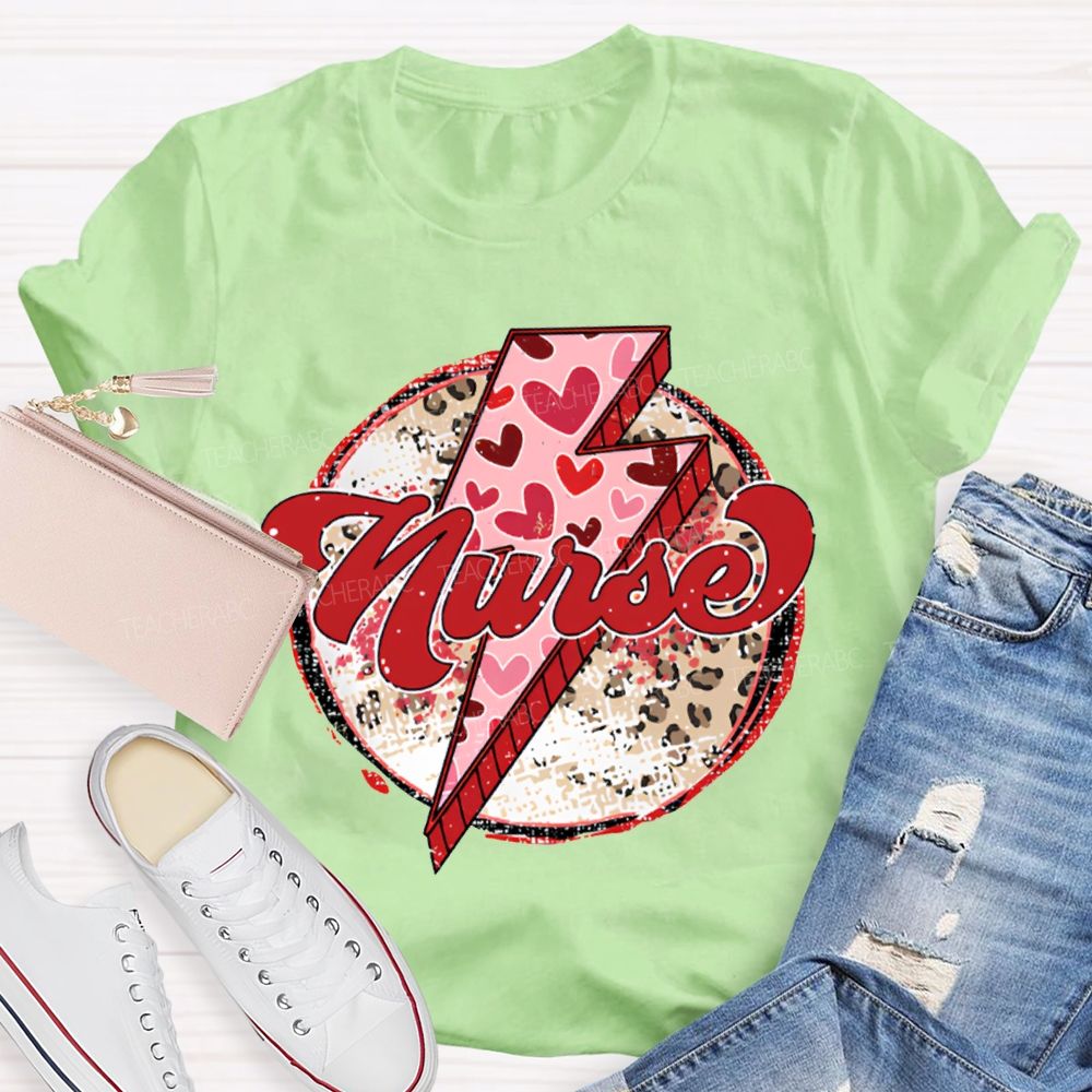 School Nurse Valentine'S Day With Heart, Lightning, And Leopard Print T-shirt
