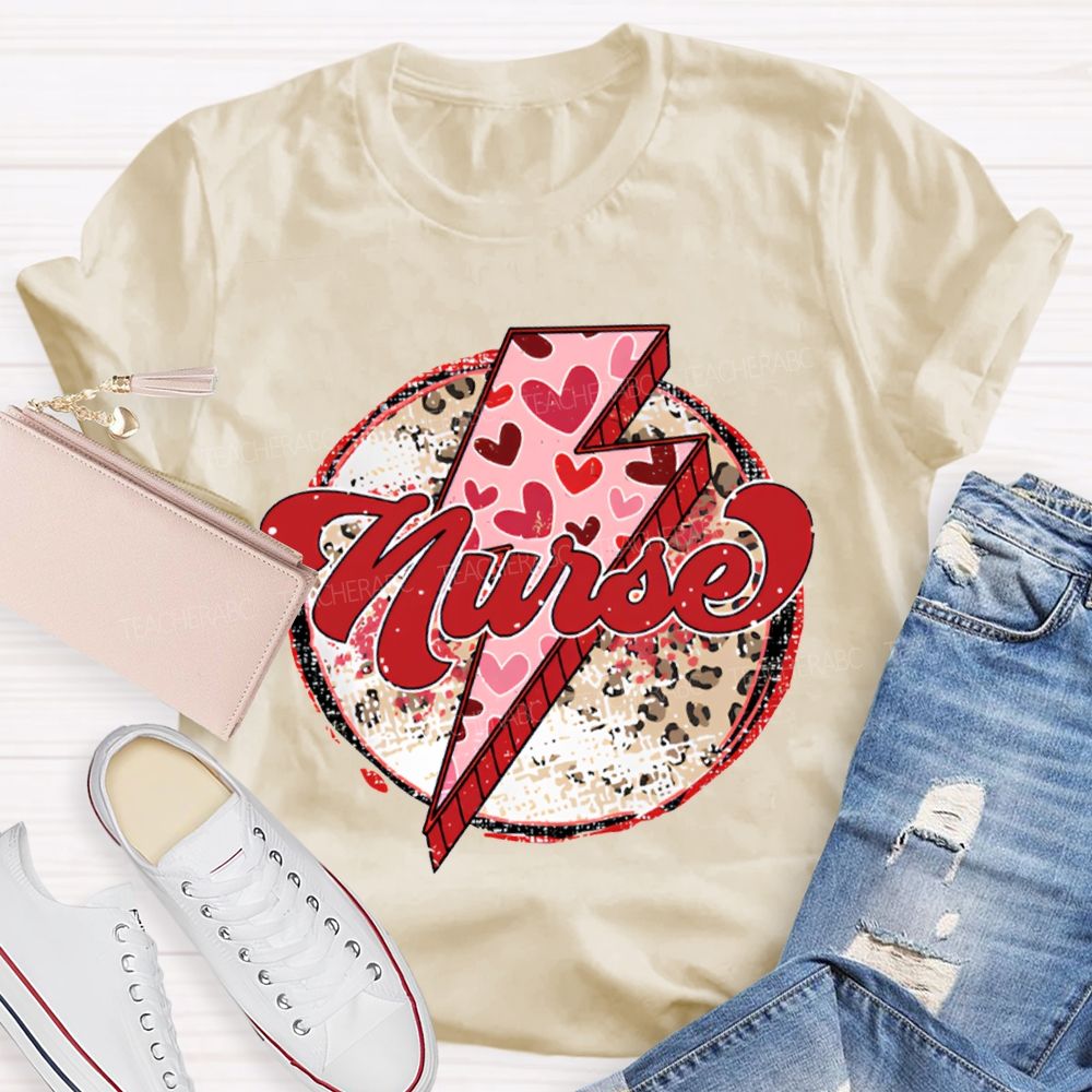 School Nurse Valentine'S Day With Heart, Lightning, And Leopard Print T-shirt