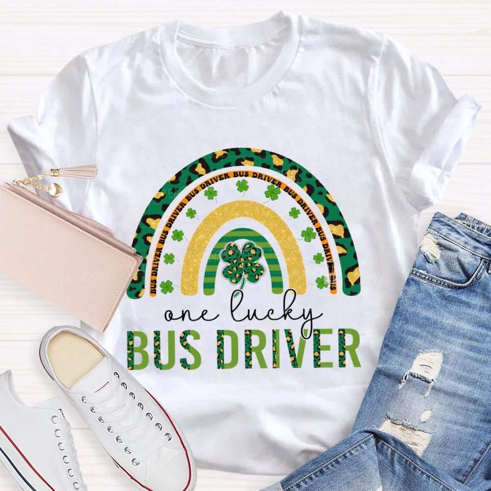 Four-Leaf Clover And Leopard Print Font Lucky Bus Driver T-Shirt