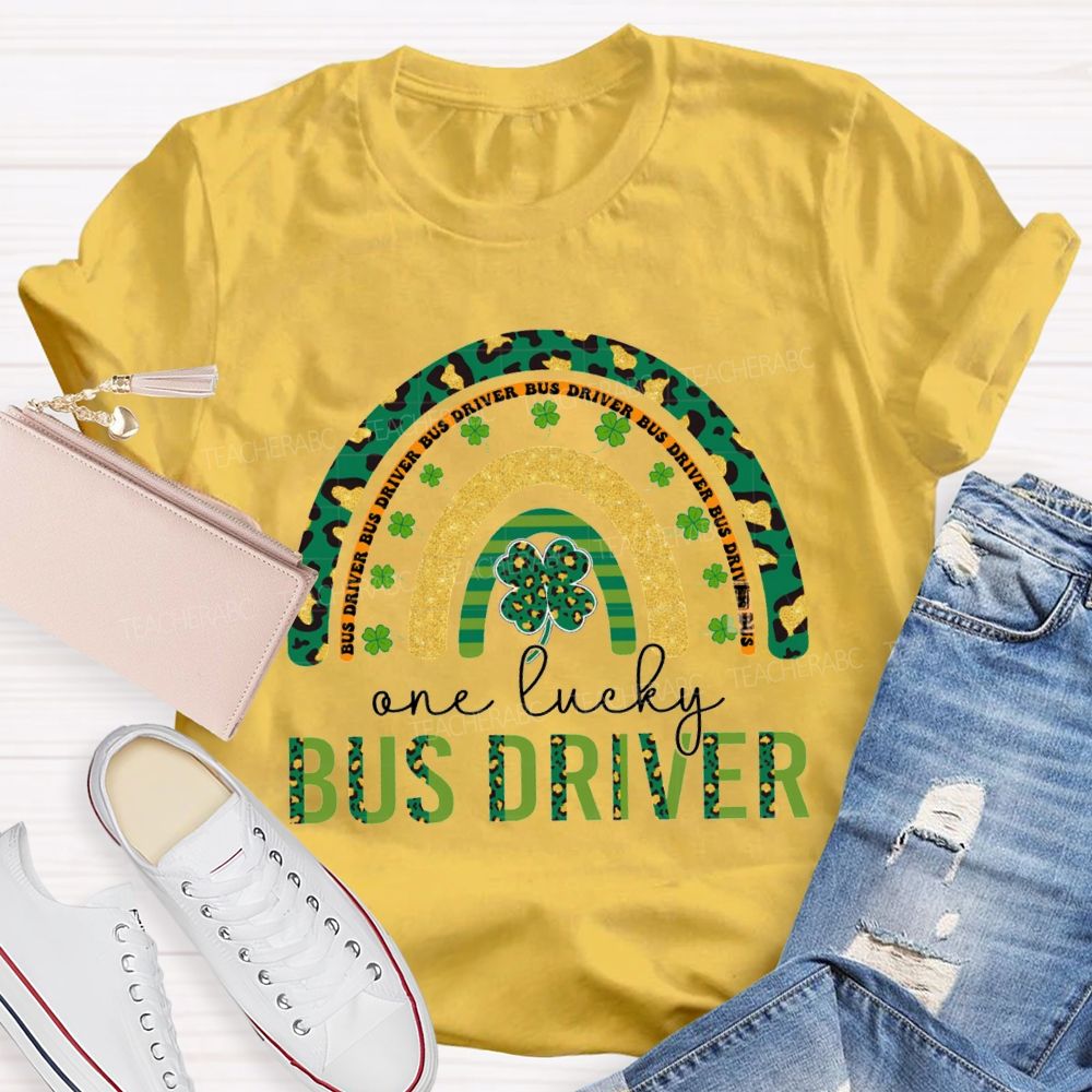 Four-Leaf Clover And Leopard Print Font Lucky Bus Driver T-Shirt