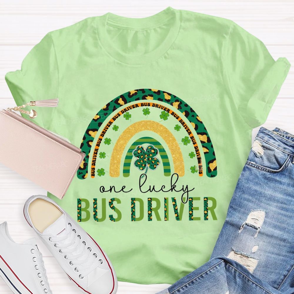Four-Leaf Clover And Leopard Print Font Lucky Bus Driver T-Shirt