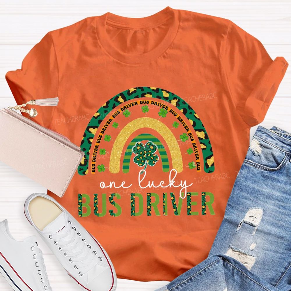 Four-Leaf Clover And Leopard Print Font Lucky Bus Driver T-Shirt