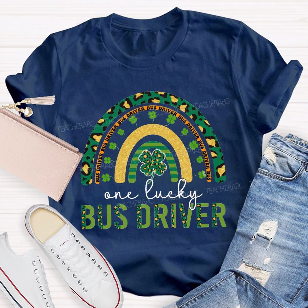 Four-Leaf Clover And Leopard Print Font Lucky Bus Driver T-Shirt