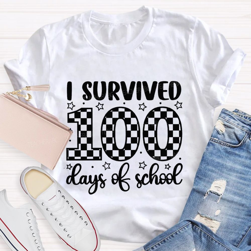 I Survived 100 Days Of School Checkerboard Pattern Teacher T-shirt