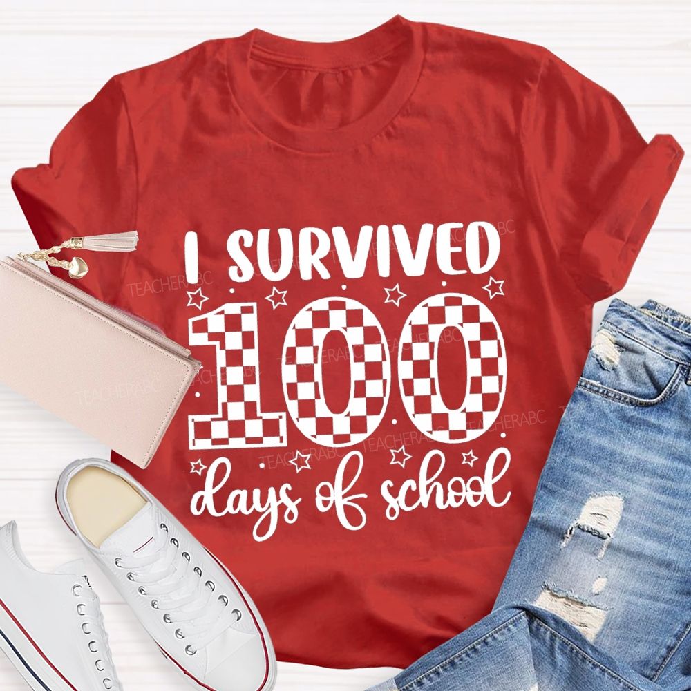 I Survived 100 Days Of School Checkerboard Pattern Teacher T-shirt