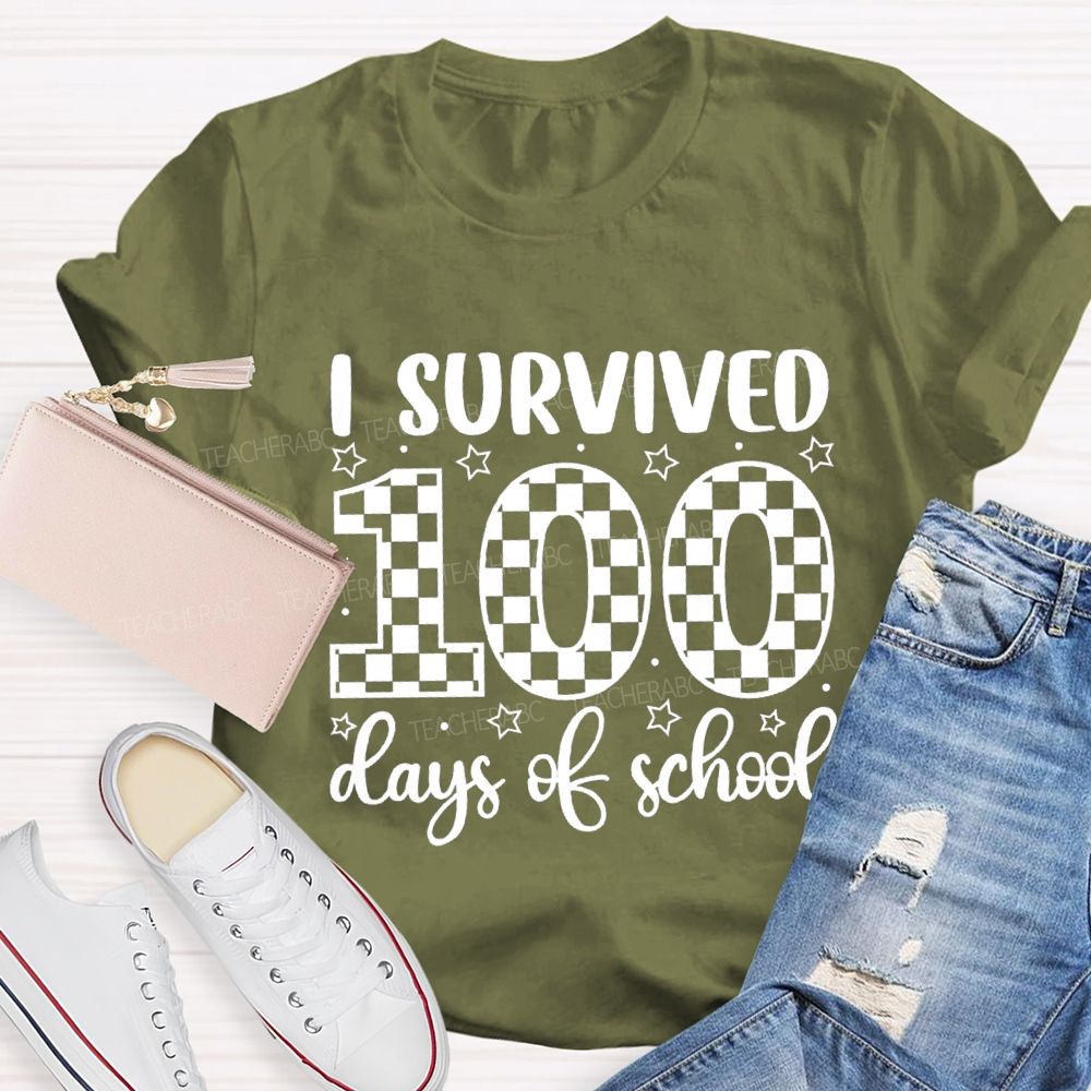 I Survived 100 Days Of School Checkerboard Pattern Teacher T-shirt