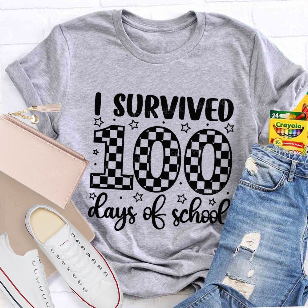 I Survived 100 Days Of School Checkerboard Pattern Teacher T-shirt