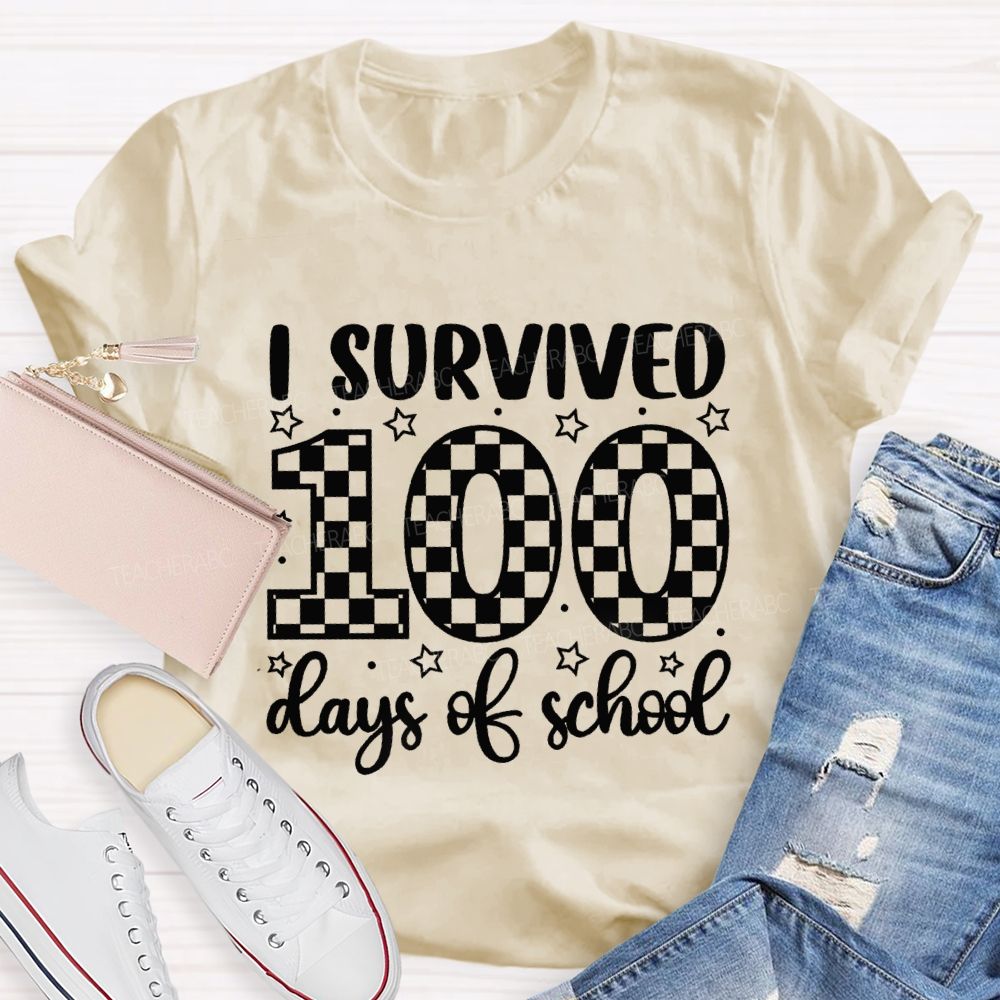 I Survived 100 Days Of School Checkerboard Pattern Teacher T-shirt