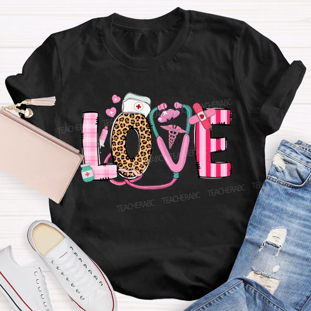 Love School Nurse Leopard Print Font And Pink Hearts T-shirt