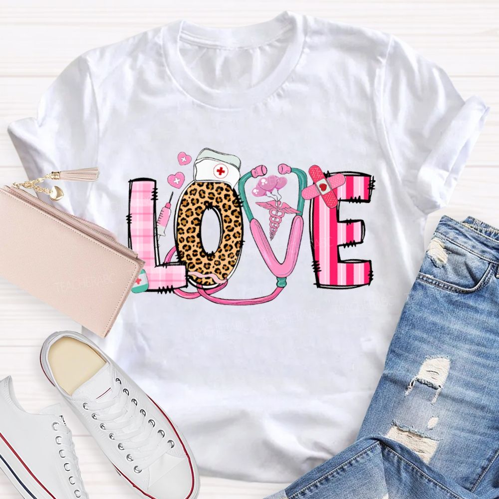 Love School Nurse Leopard Print Font And Pink Hearts T-shirt