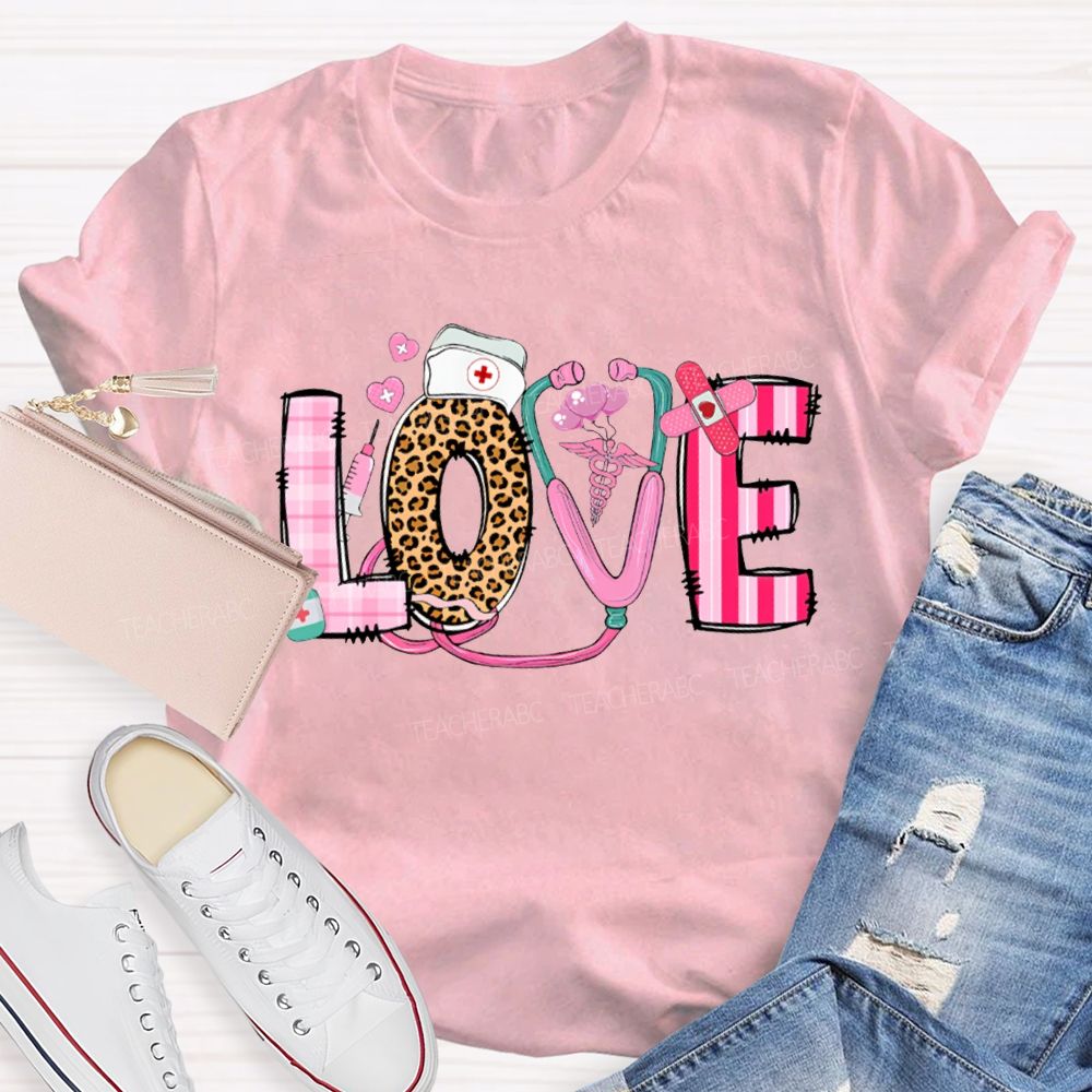 Love School Nurse Leopard Print Font And Pink Hearts T-shirt
