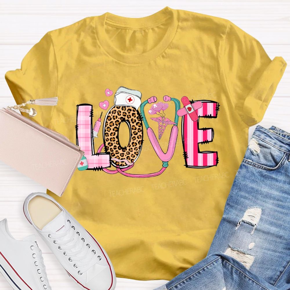 Love School Nurse Leopard Print Font And Pink Hearts T-shirt