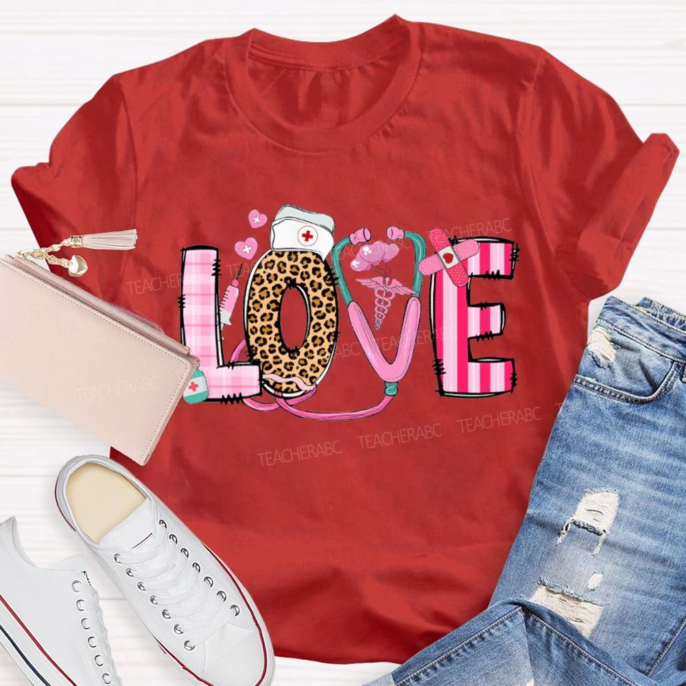 Love School Nurse Leopard Print Font And Pink Hearts T-shirt