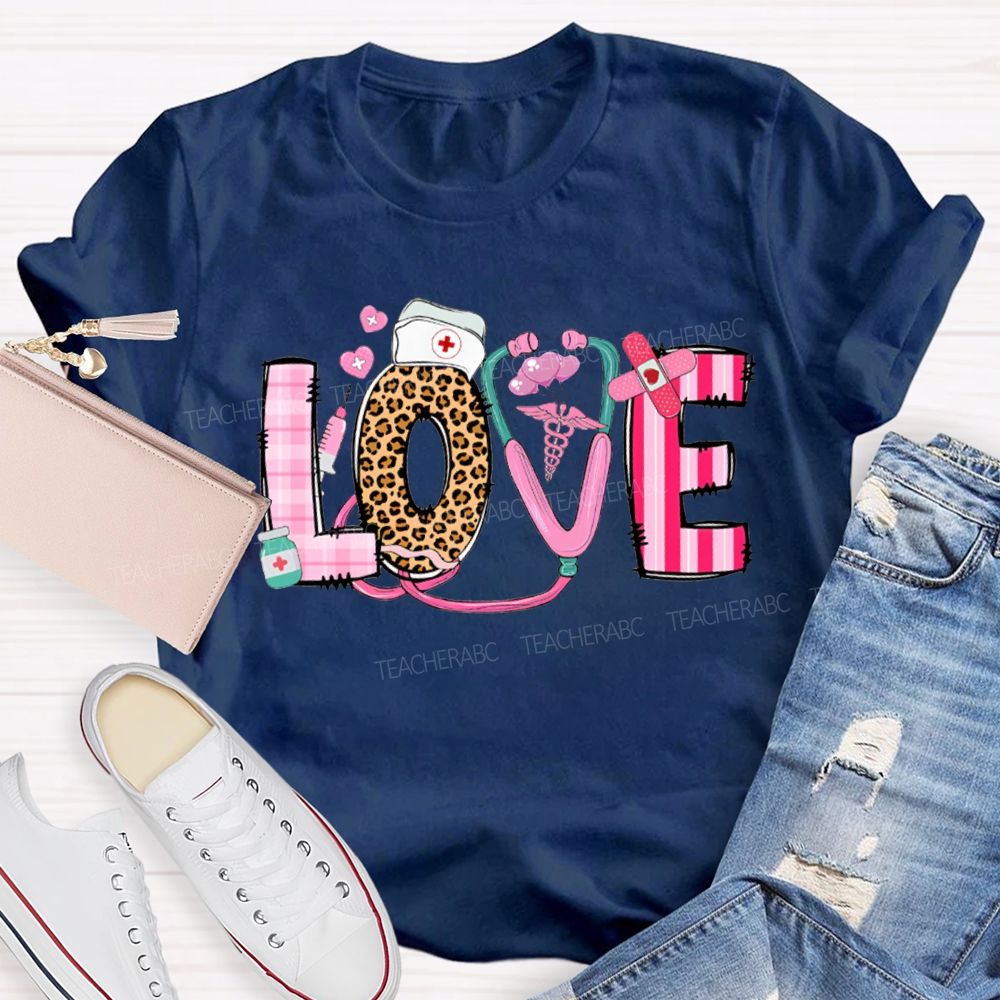 Love School Nurse Leopard Print Font And Pink Hearts T-shirt