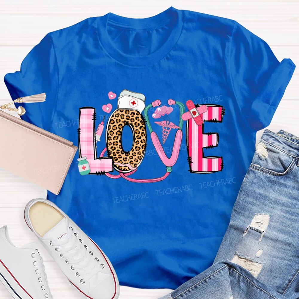 Love School Nurse Leopard Print Font And Pink Hearts T-shirt