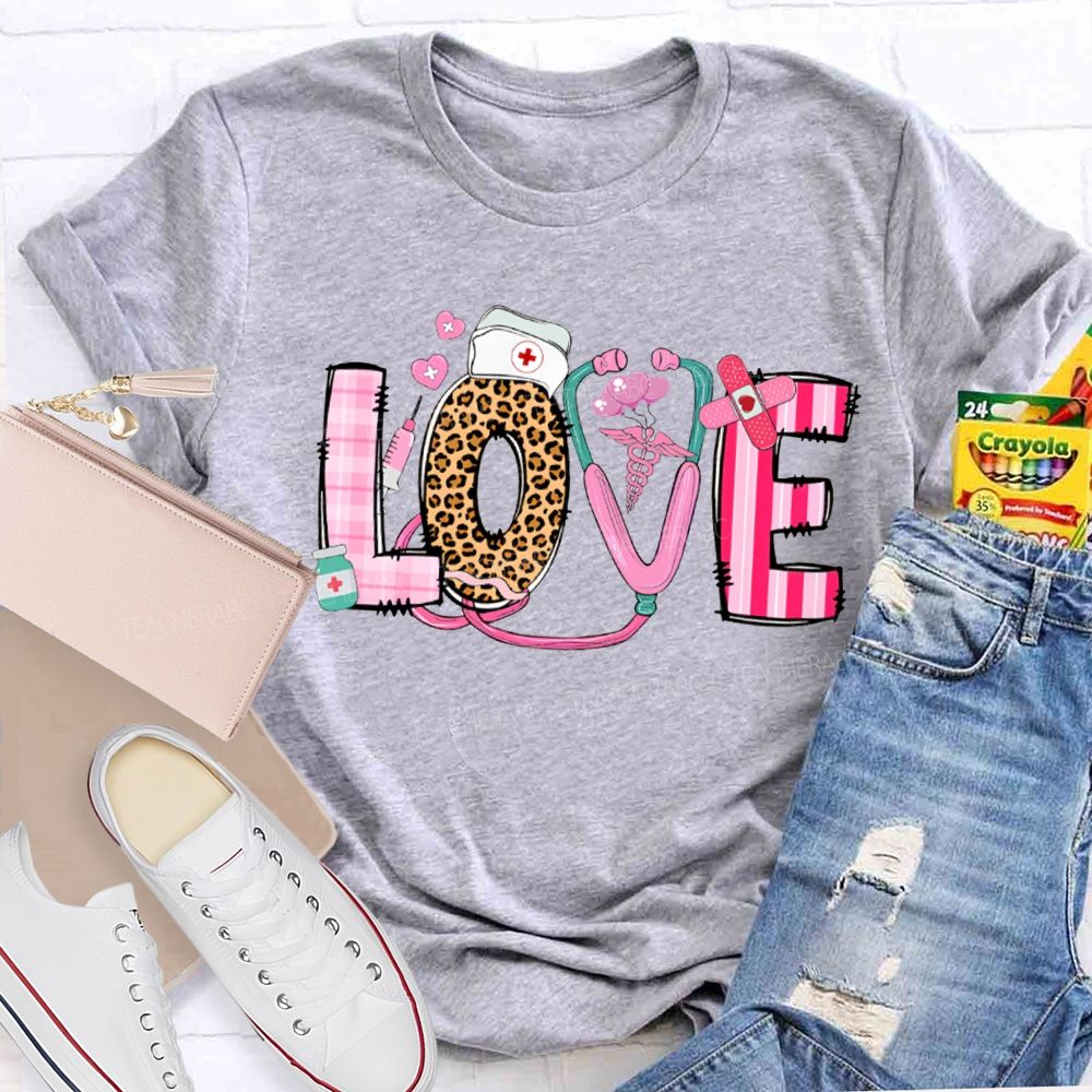 Love School Nurse Leopard Print Font And Pink Hearts T-shirt