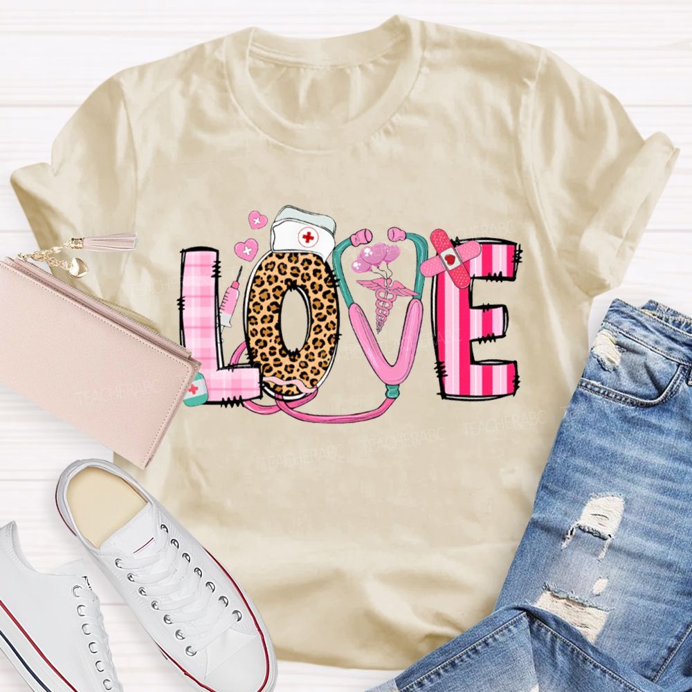 Love School Nurse Leopard Print Font And Pink Hearts T-shirt