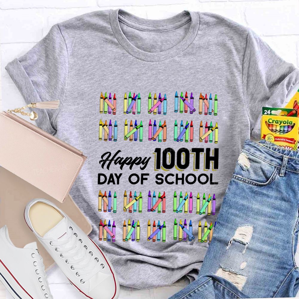 Happy 100th Day Of School Colorful Crayons Teacher T-Shirt