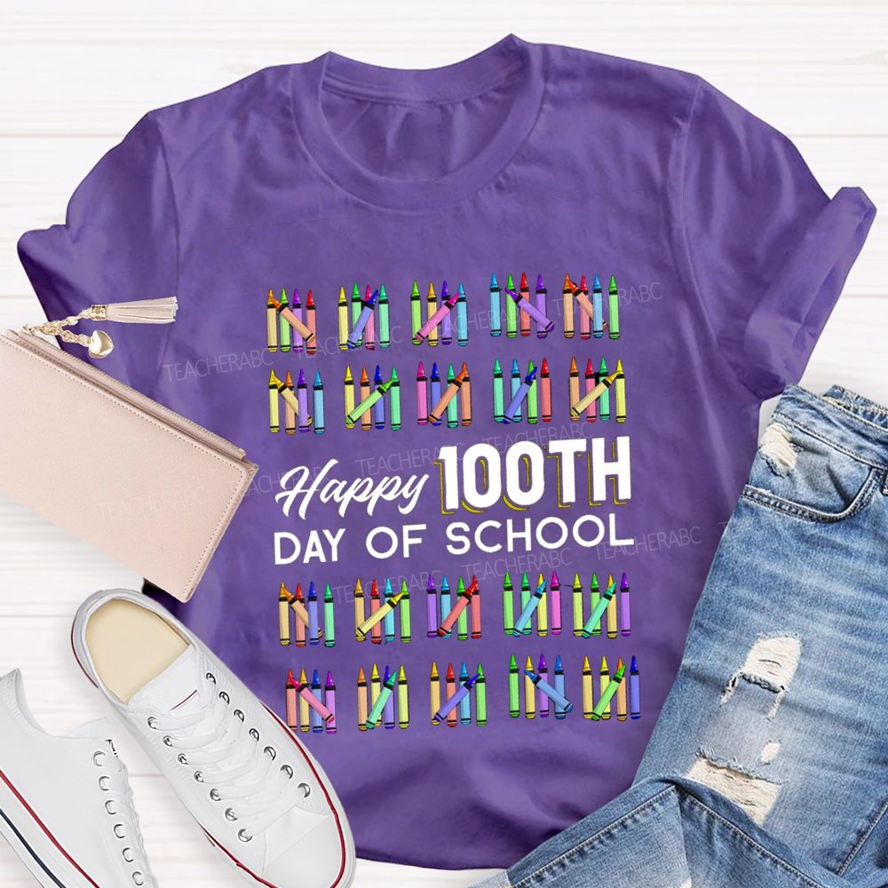 Happy 100th Day Of School Colorful Crayons Teacher T-Shirt