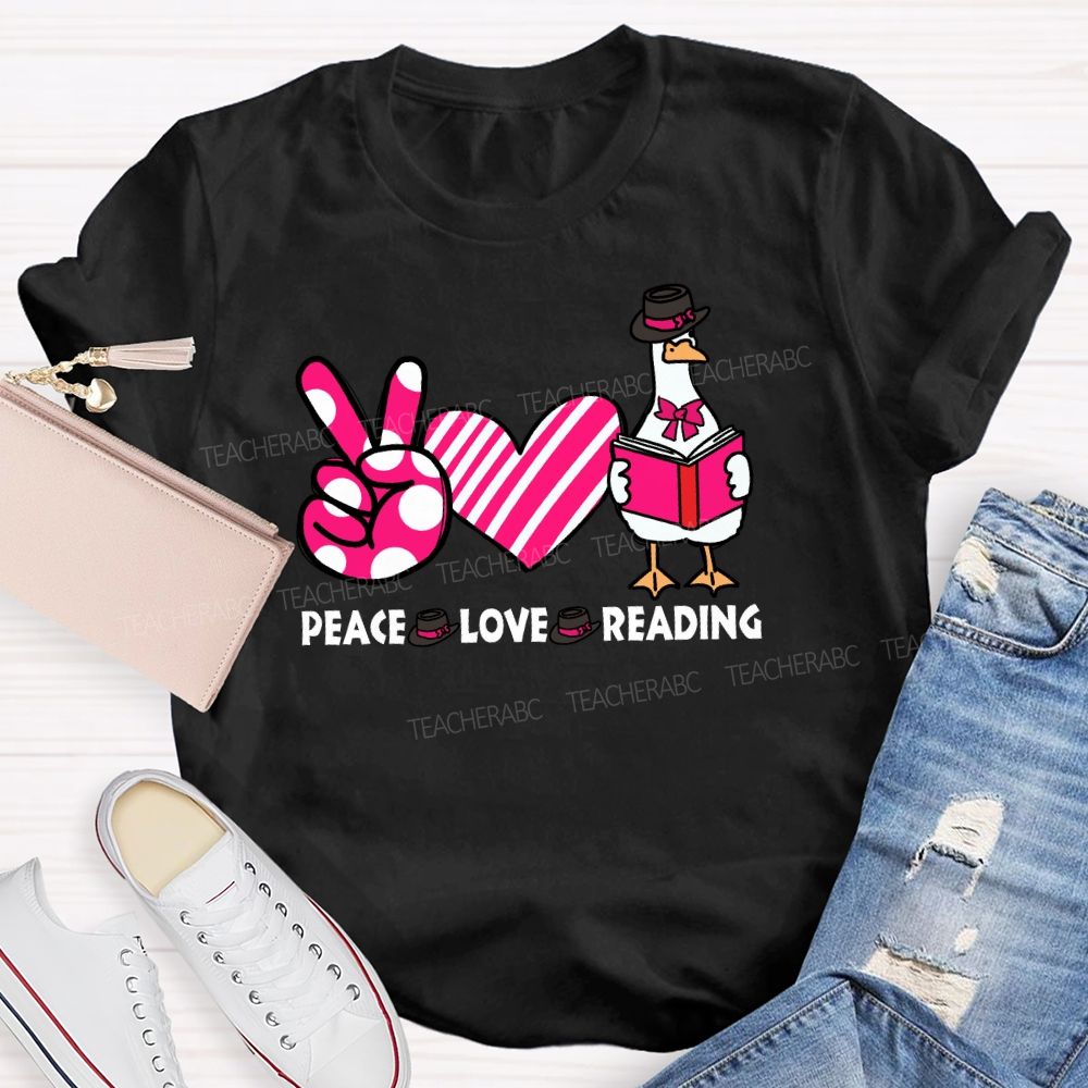 Peace Love Reading Pink Heart Teacher T-shirt